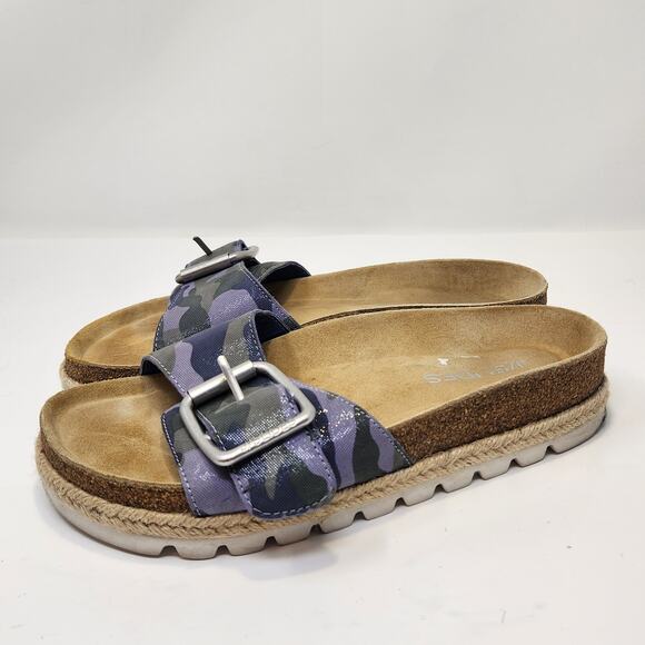 J Slides Women Lust Slip One Buckle Strap Sandal Size 7M Blue Green Camo Leather - Picture 4 of 8